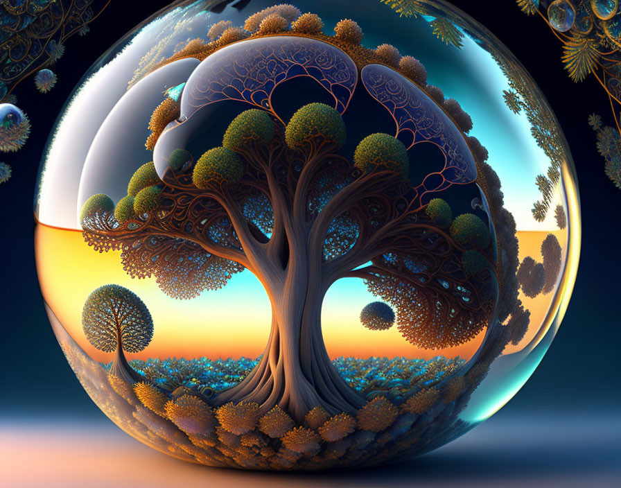 Surreal tree in transparent bubble with fractal foliage