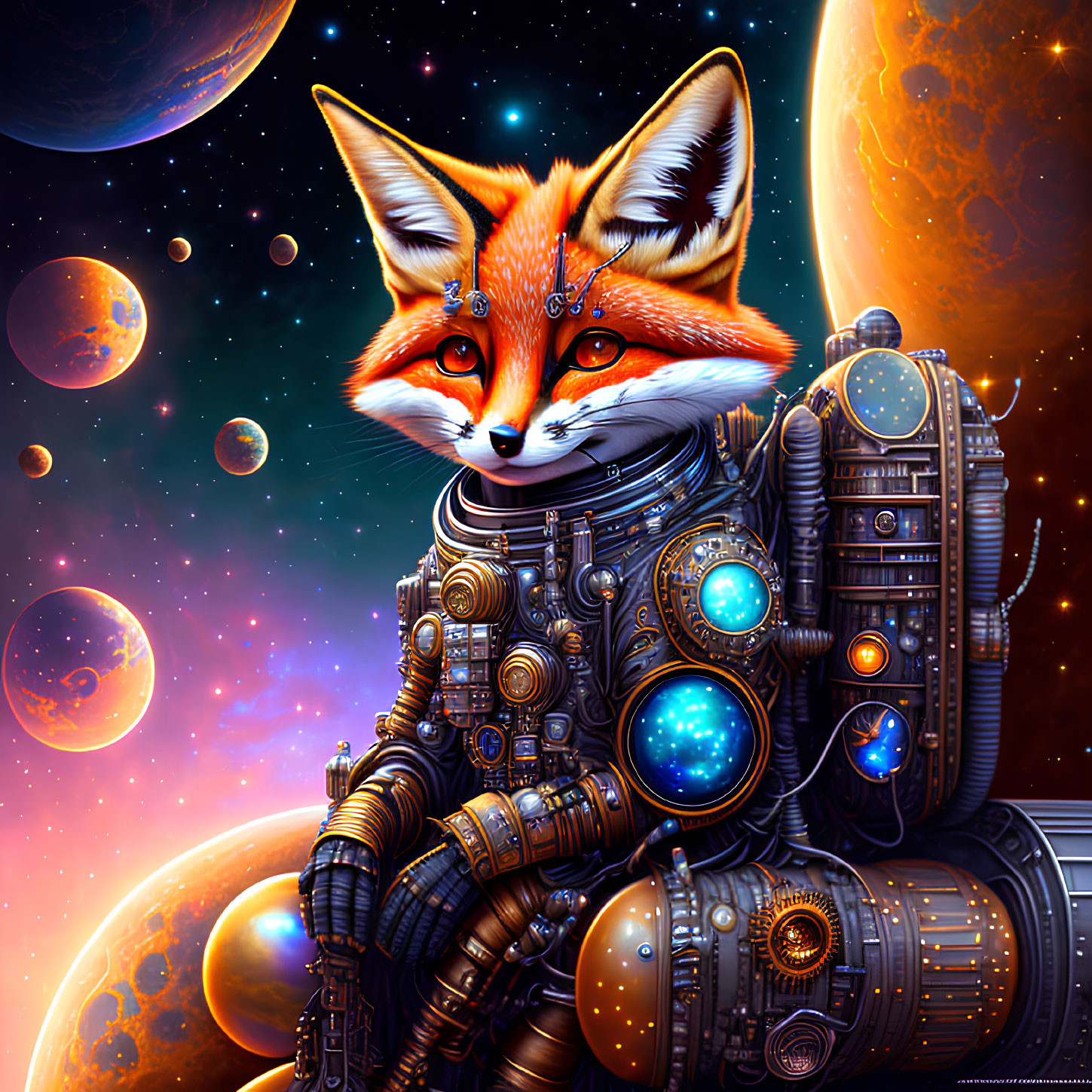 Anthropomorphic fox in futuristic space suit against cosmic backdrop