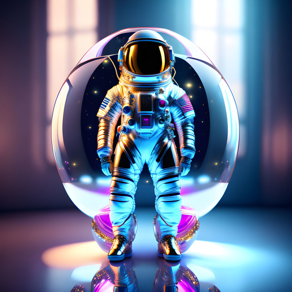 Reflective futuristic astronaut in transparent shield under blue light