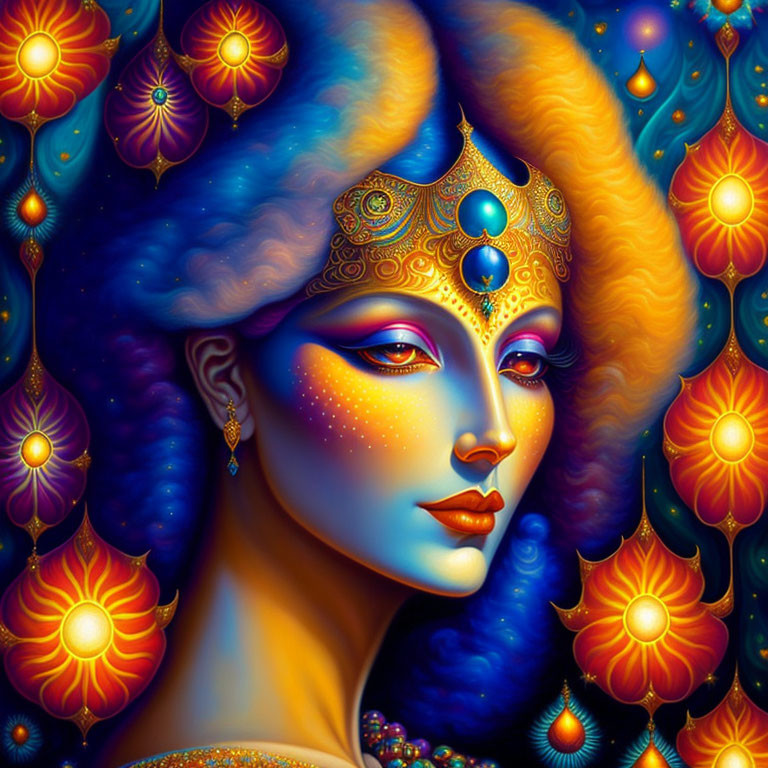 Colorful artwork featuring stylized woman with blue hair and golden headdress among multicolored lotus