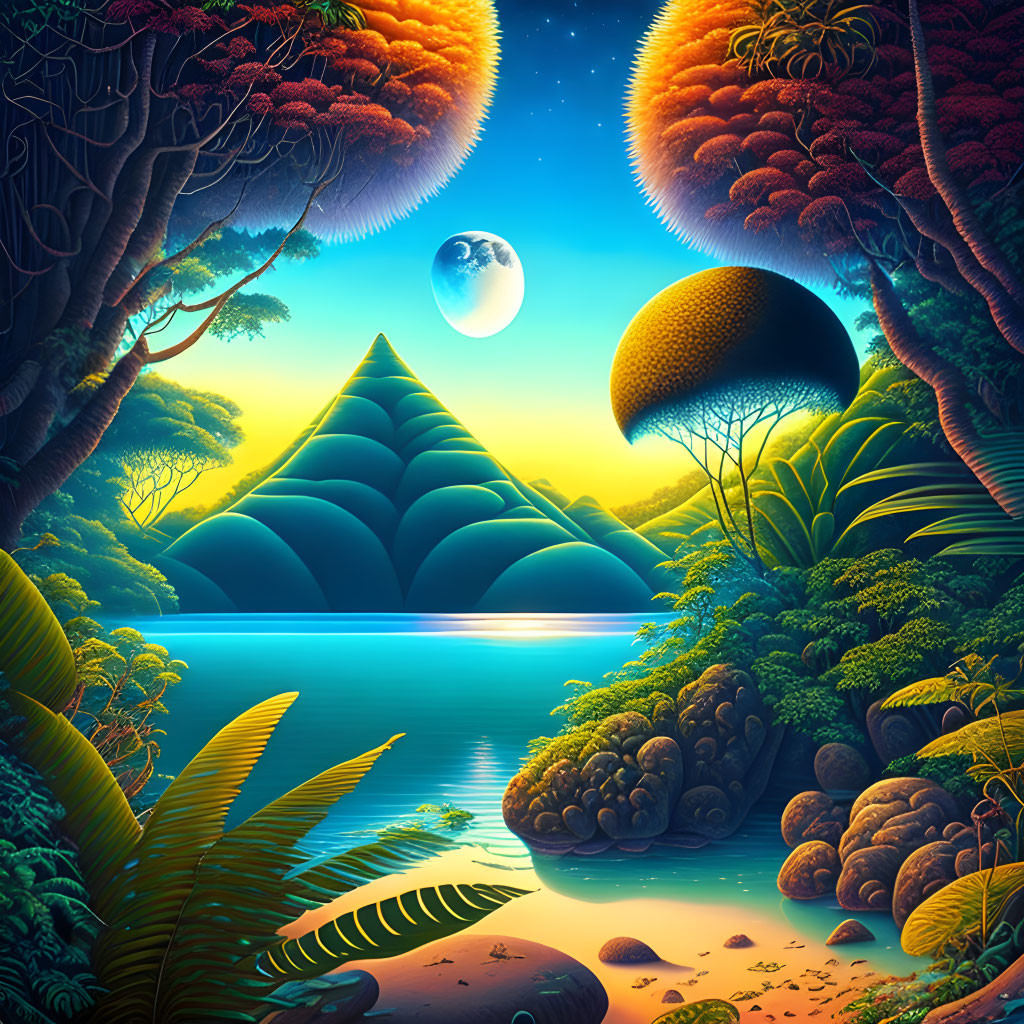 Alien Flora, Geometric Mountains, Serene Lake Under Starry Sky