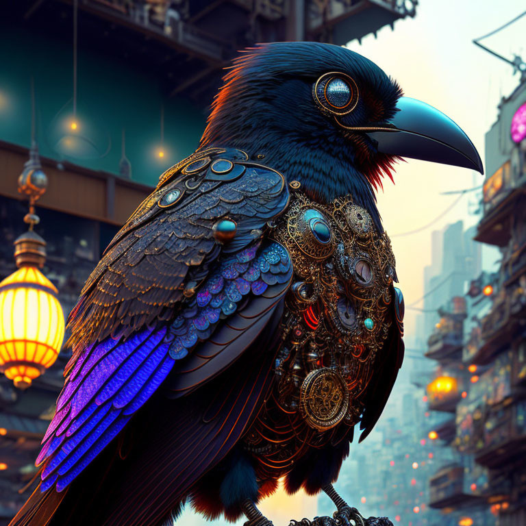 Detailed mechanical bird illustration with vibrant feathers and intricate gears in neon-lit urban setting