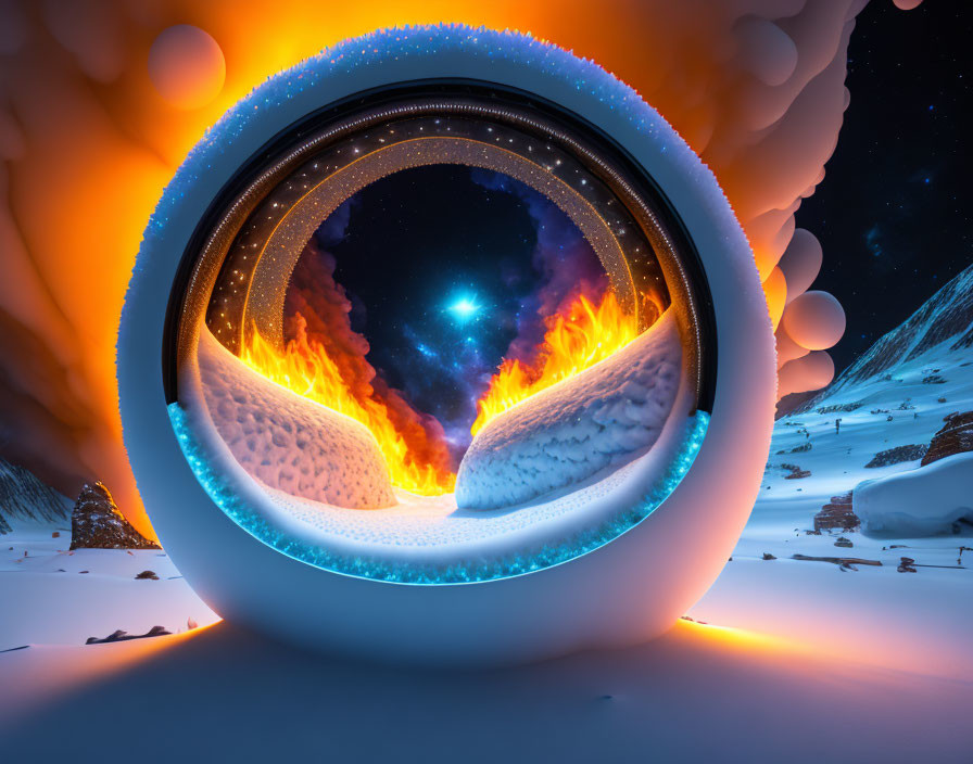 Circular surreal portal with fiery vista in wintry landscape