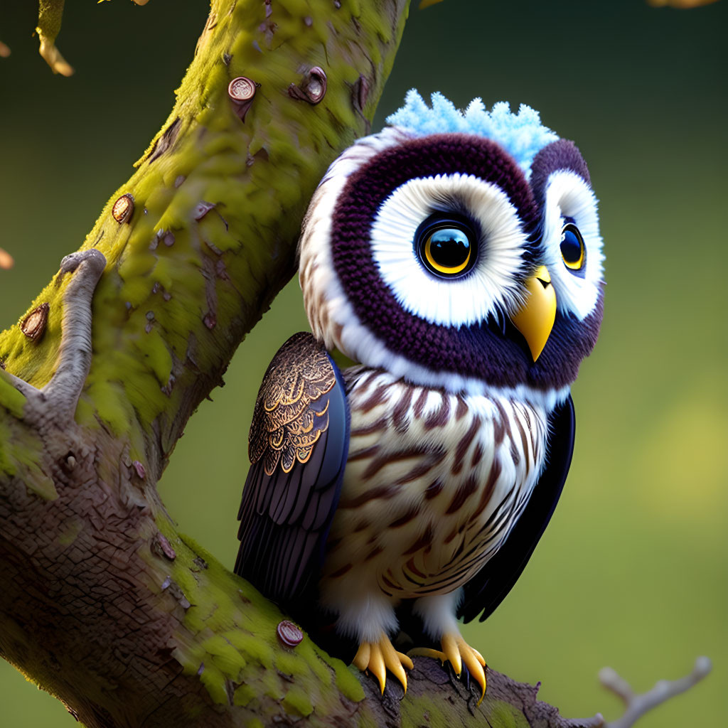 Colorful Stylized Illustration: Cute Owl on Tree Branch