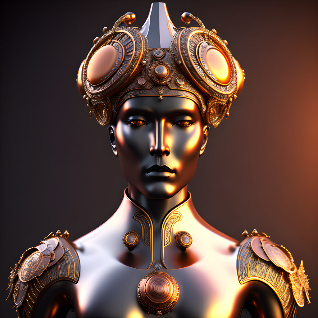 Metallic humanoid figure with golden crown and armor in 3D render