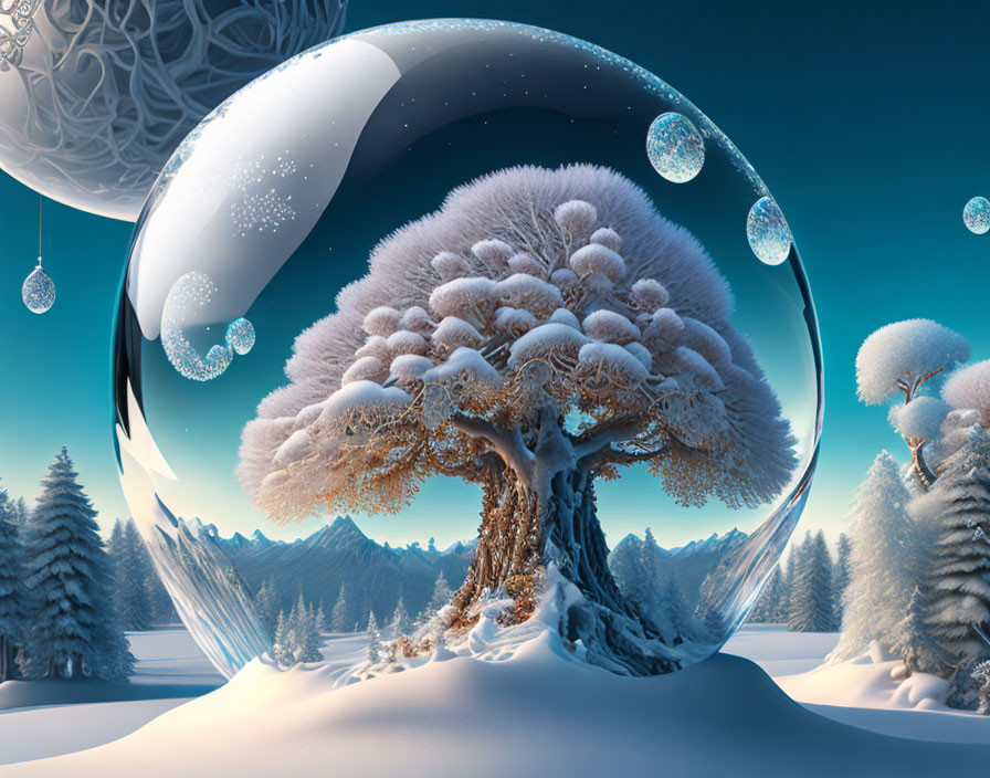 Snowy tree in transparent bubble in surreal winter landscape