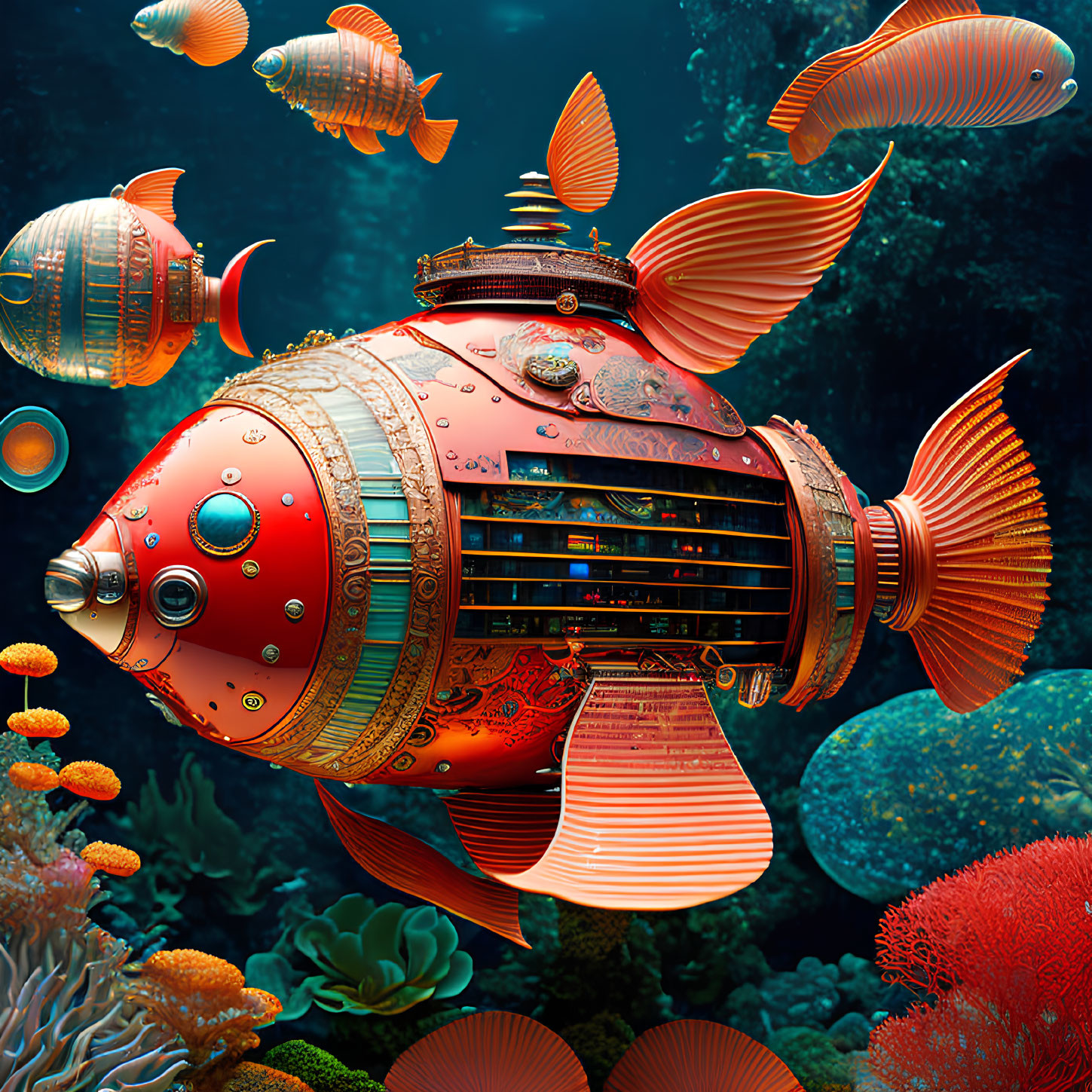 Colorful Steampunk Fish Submarine in Coral Reef Environment