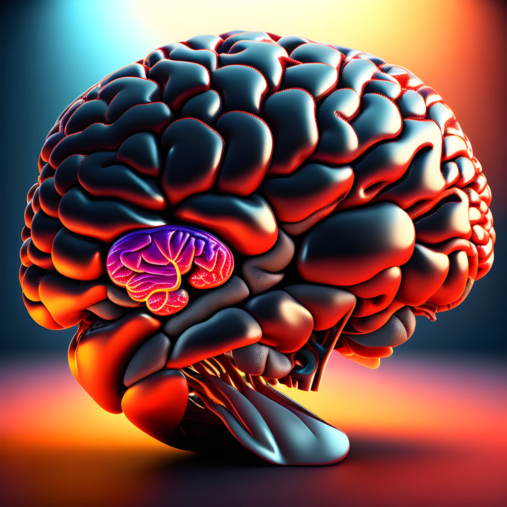 Detailed 3D human brain illustration with highlighted limbic system in pink and orange tones on colorful background