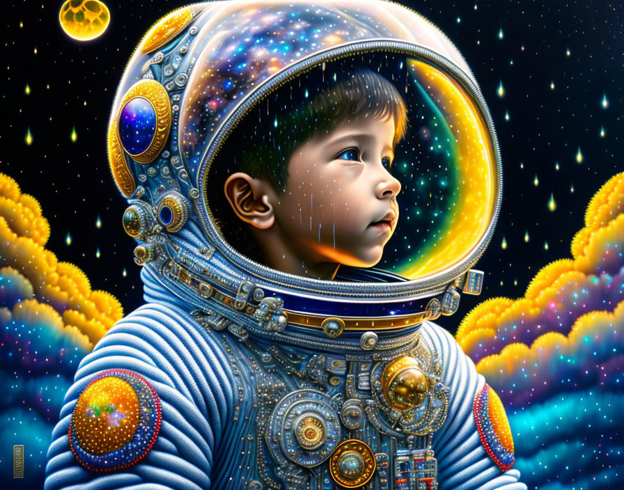 Young child in detailed space suit against cosmic backdrop with colorful nebulae