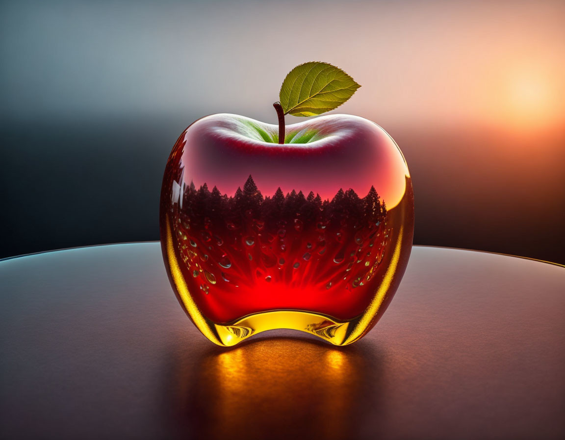 Bright red apple with forest silhouette and green leaf on reflective surface