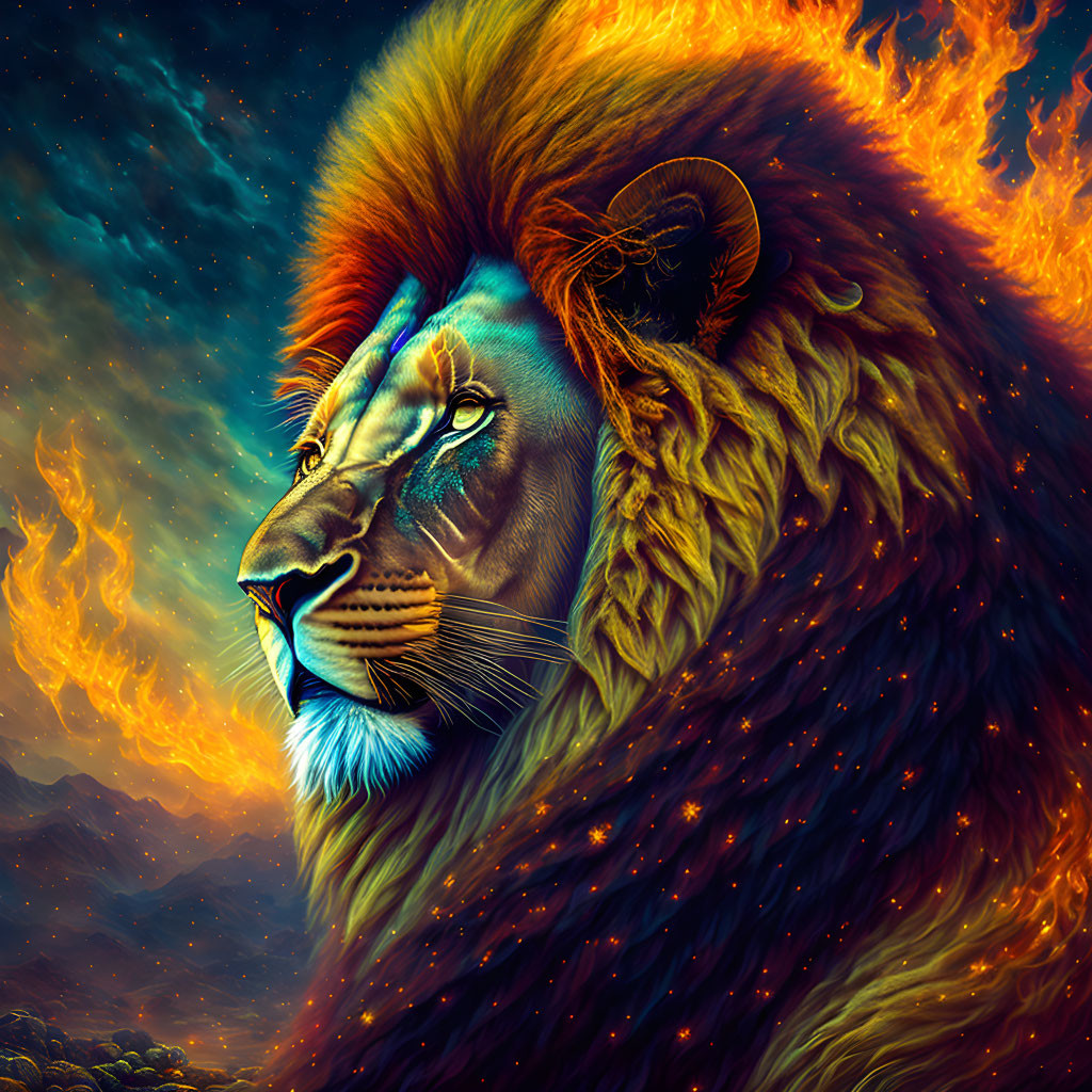 Majestic lion with flaming mane in cosmic landscape