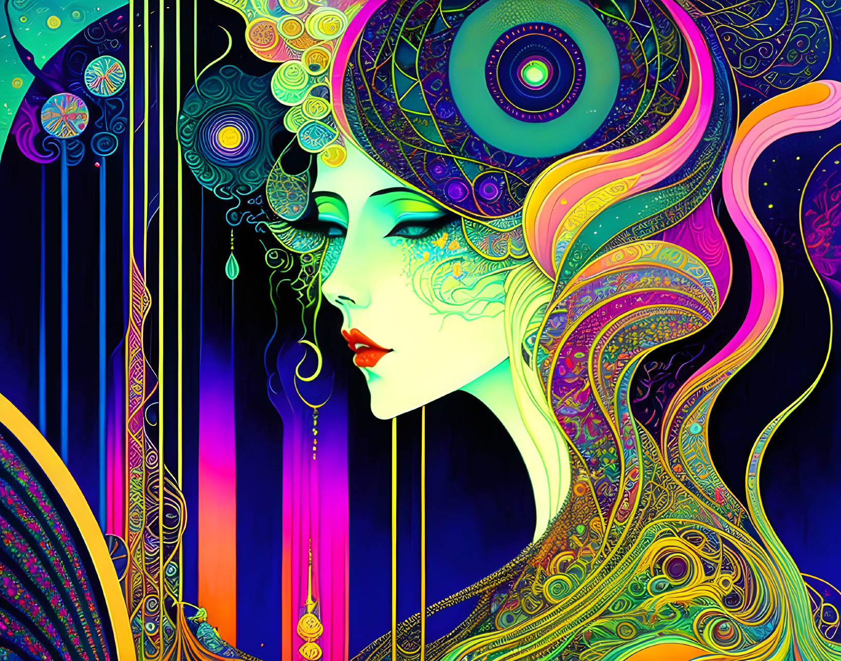 Colorful Digital Art Portrait of Stylized Woman with Psychedelic Background