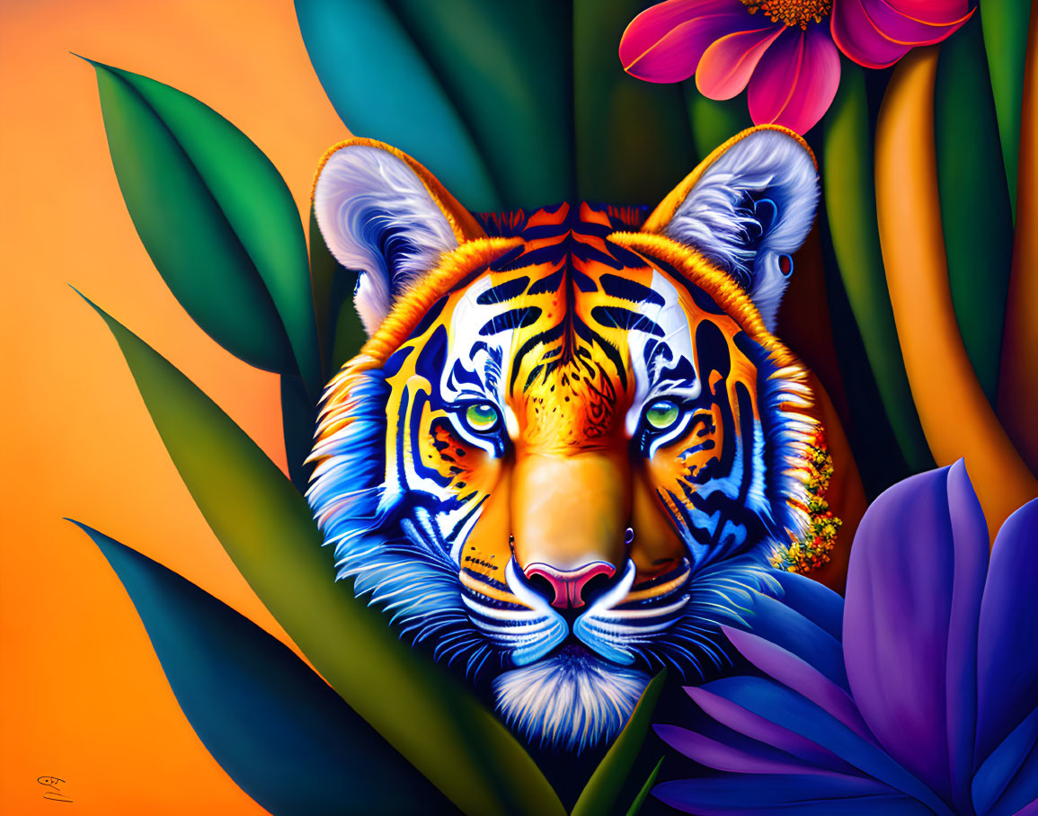 Colorful Tiger Face Illustration with Tropical Foliage and Flowers on Orange Background