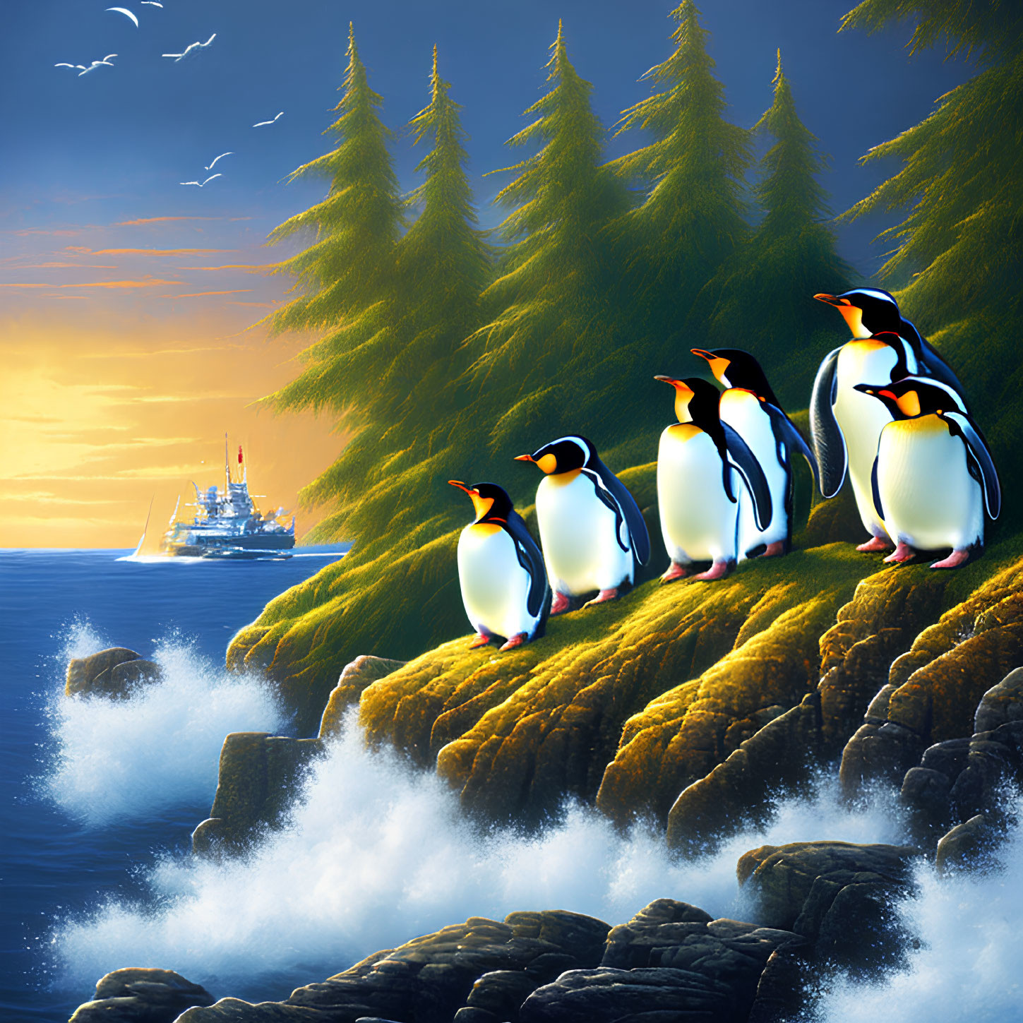 Penguins on rocky shore at sunset with ship, pine trees, and flying seagulls.