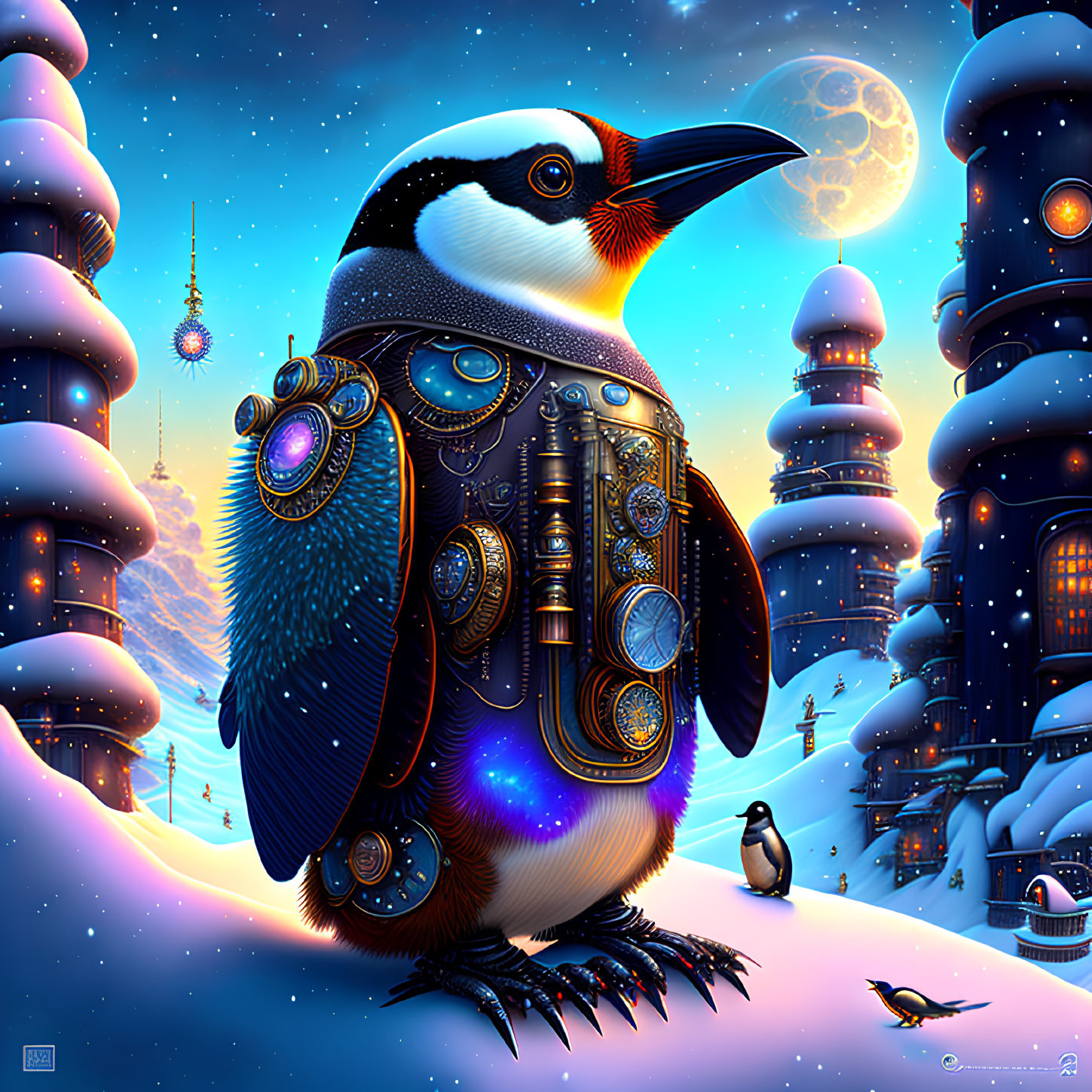 Steampunk penguin in snowy landscape under full moon