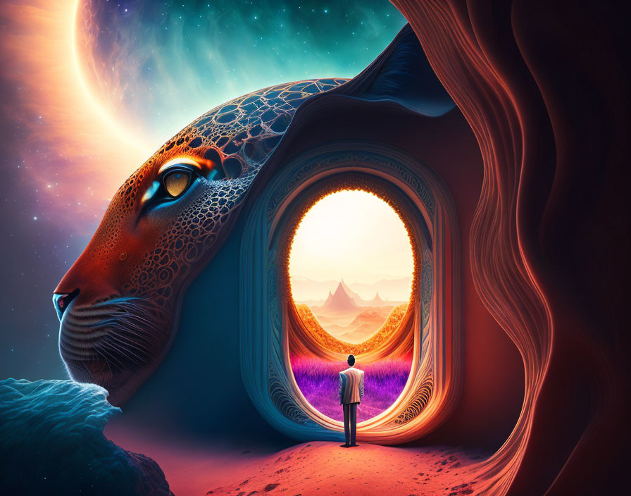 Surreal leopard-shaped portal with mystic landscape and cosmic sky