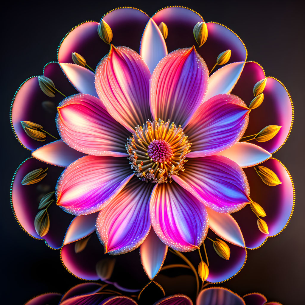 Colorful Stylized Flower Artwork with Iridescent Halos