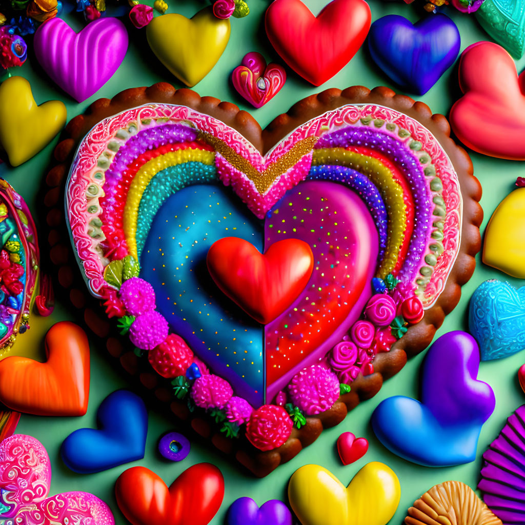 Colorful heart-shaped objects and candies on teal background.