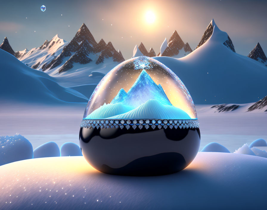 Digital art of glowing mountain in crystal snow globe amidst wintry landscape