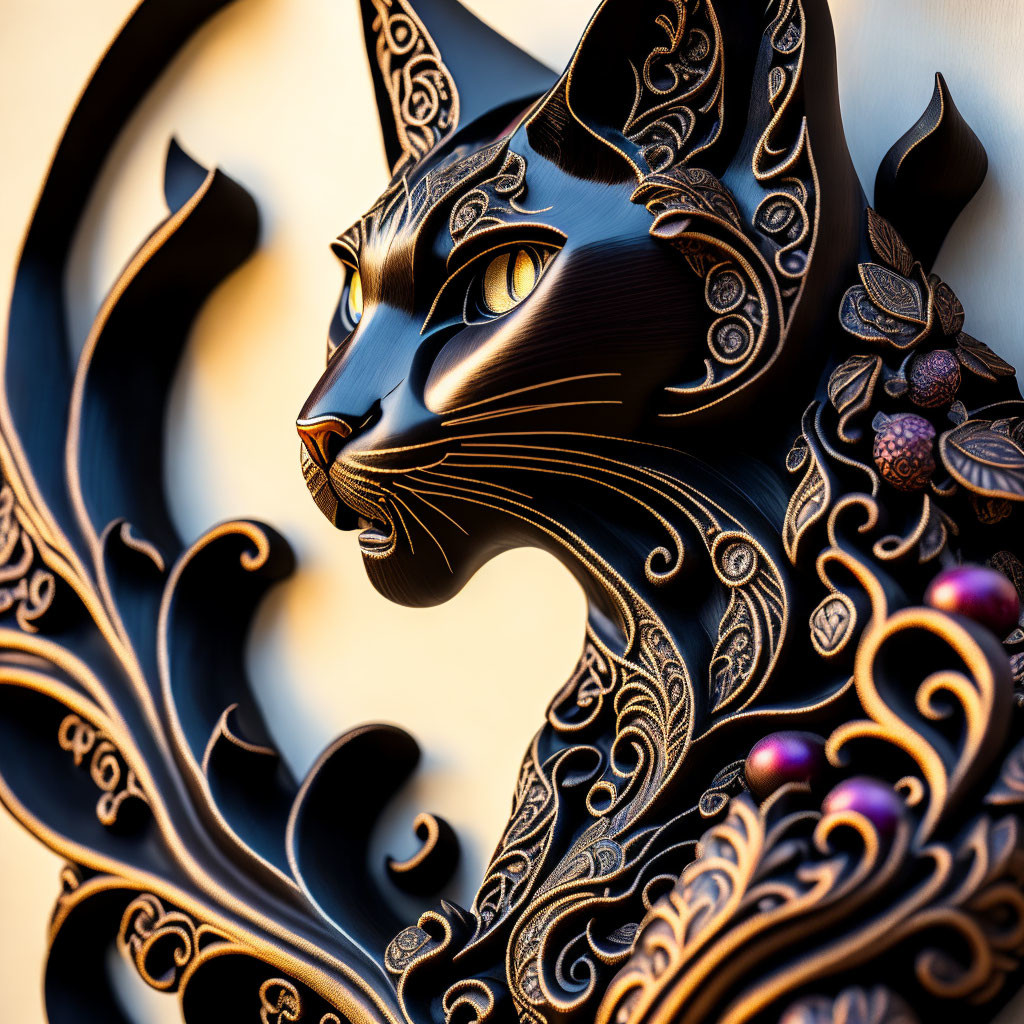 Detailed Black Cat Sculpture with Intricate Designs and Warm Lighting