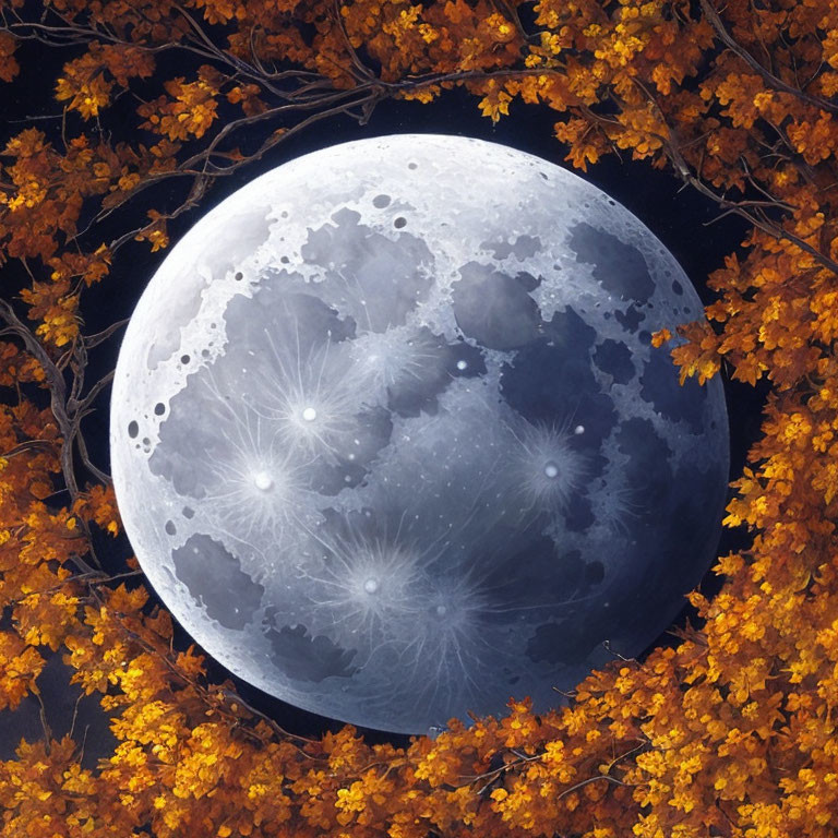 Vibrant autumn leaves frame full moon in dark night sky