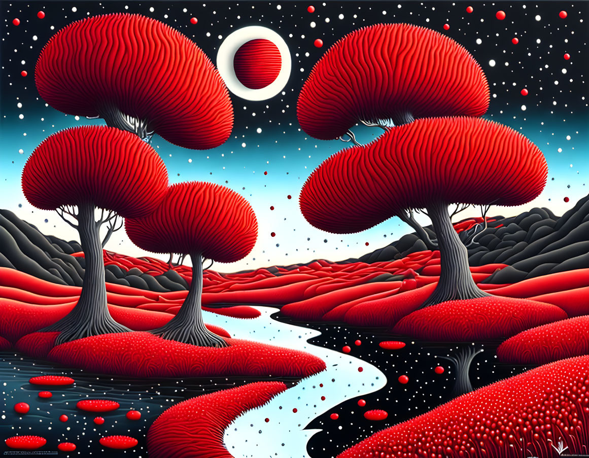 Surreal landscape with red mushroom trees, winding stream, white moon