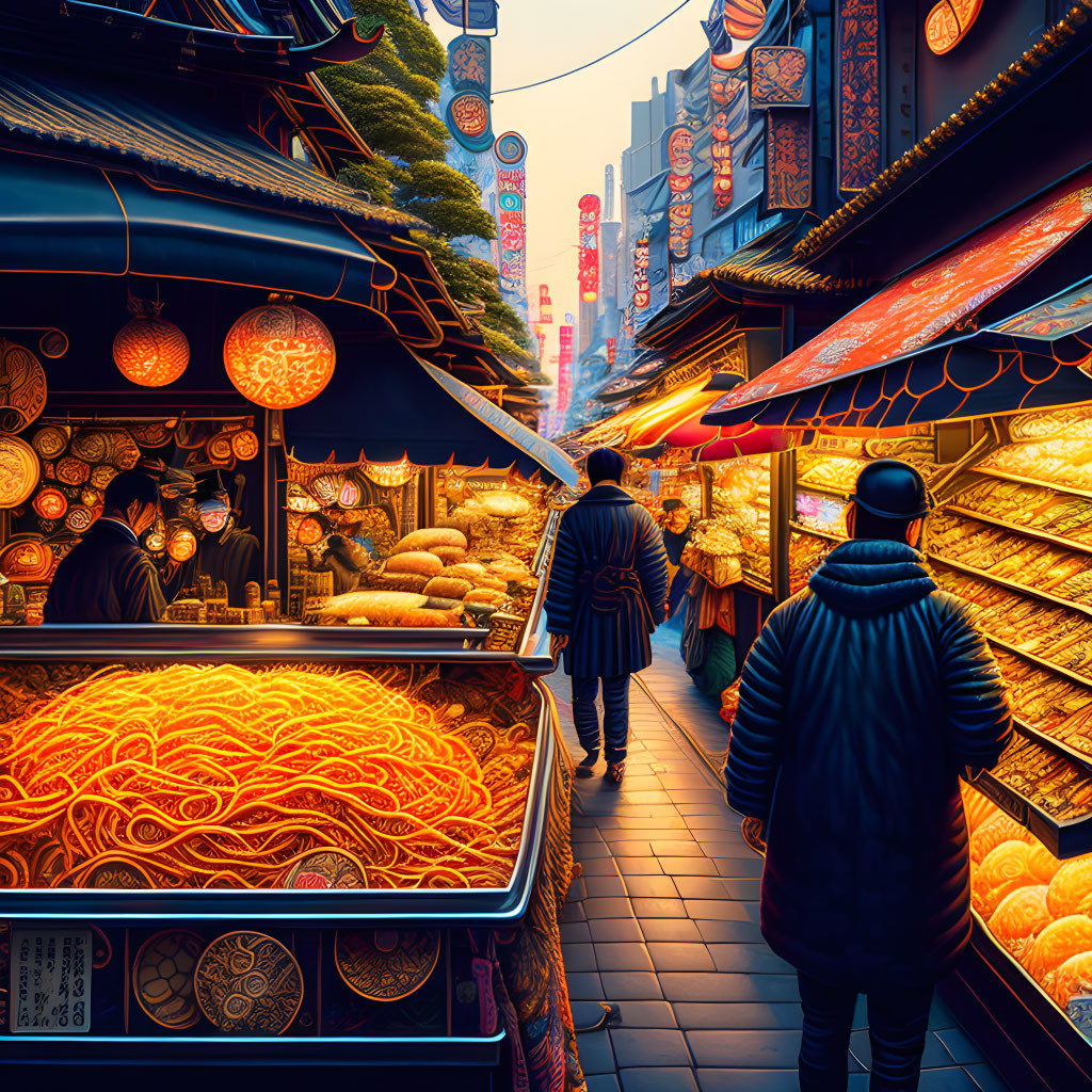 Colorful Asian market street scene with food stalls, lanterns, neon signs, and bustling activity.