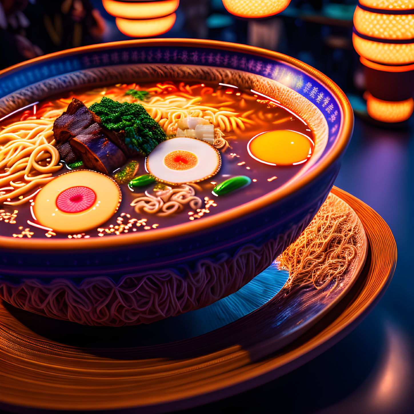 Colorful Ramen Bowl with Noodles, Pork, Egg, and Green Onions in Lantern Light