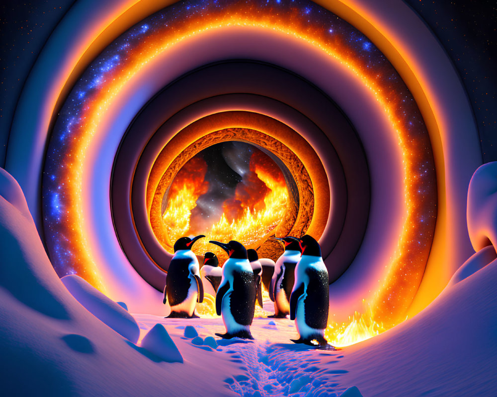 Penguins in Snow with Fiery Vortex and Starry Sky