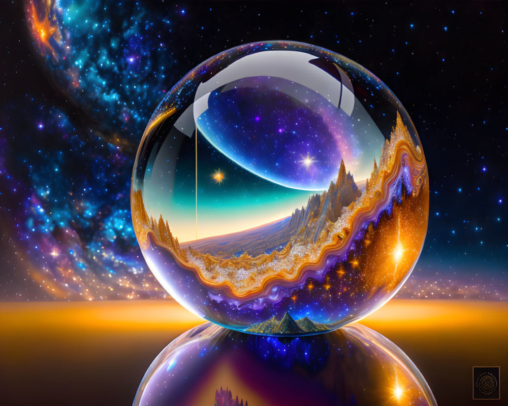 Surreal digital artwork of crystal ball with cosmic landscape