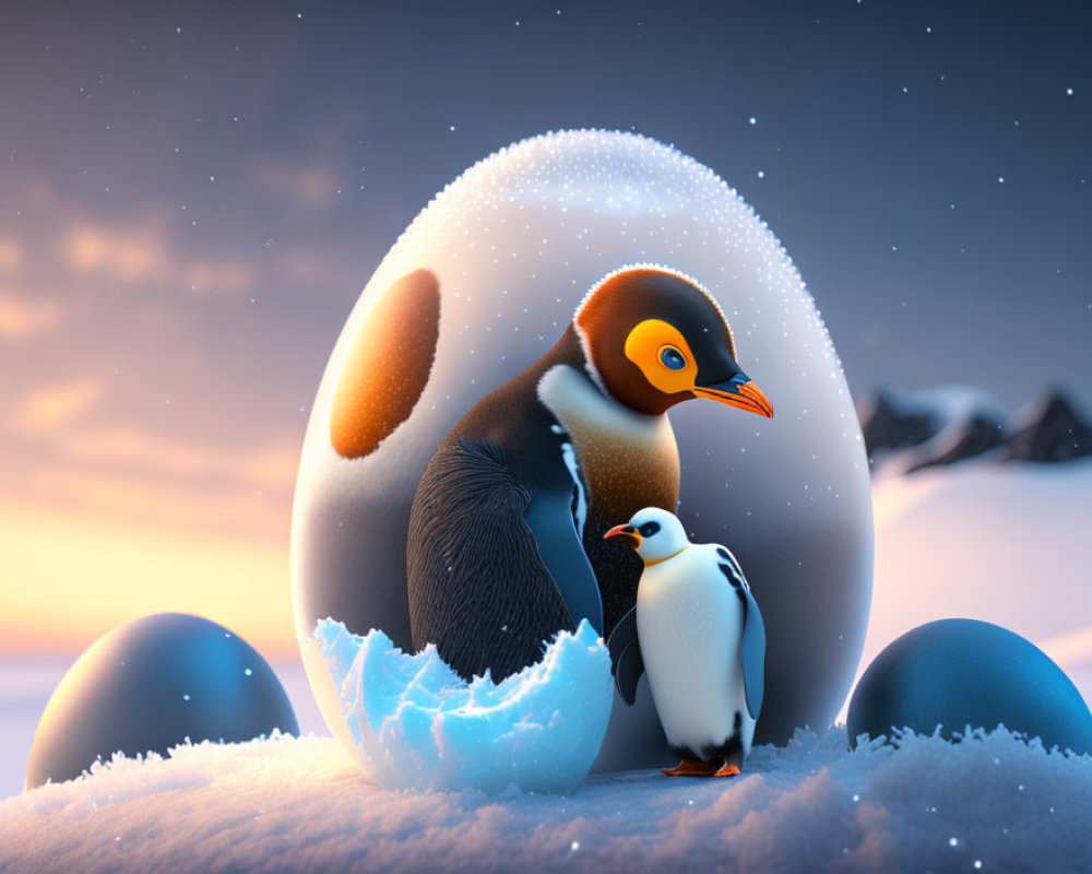 Digital artwork featuring large penguin, chick, cracked egg, snowy mountains, twilight sky