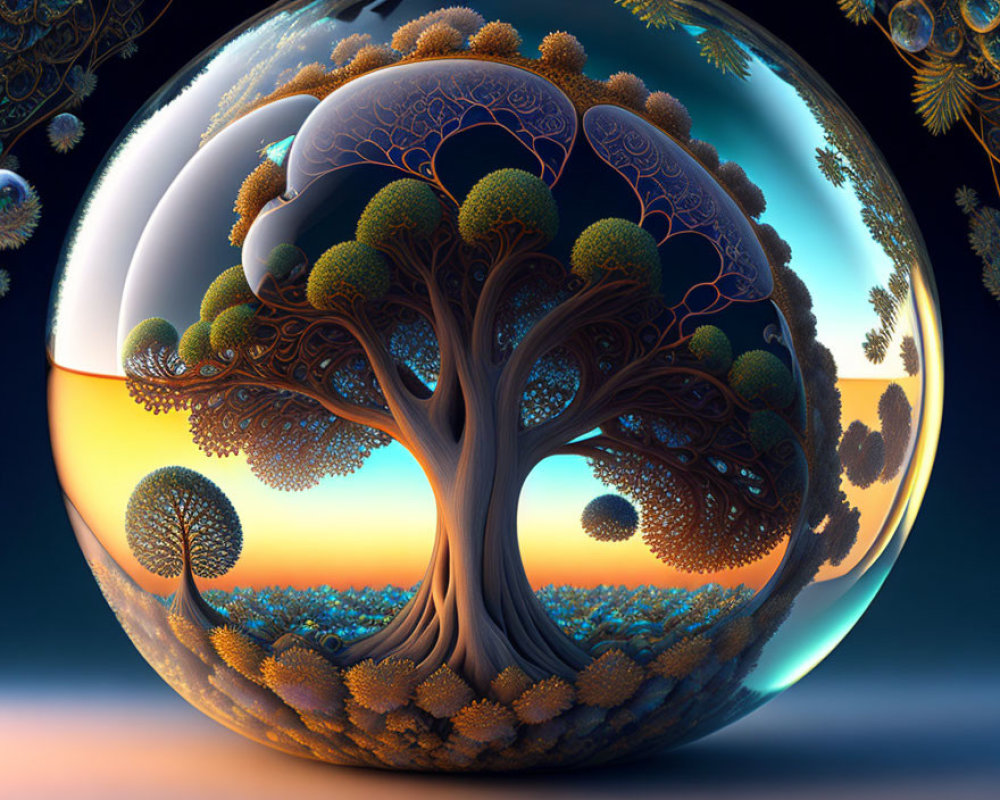 Surreal tree in transparent bubble with fractal foliage