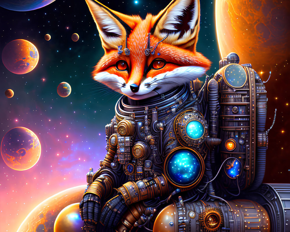 Anthropomorphic fox in futuristic space suit against cosmic backdrop