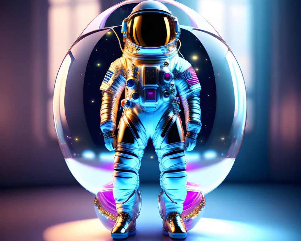 Reflective futuristic astronaut in transparent shield under blue light