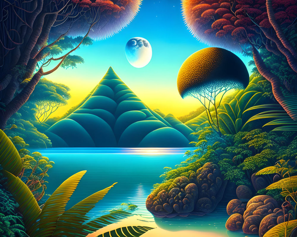 Alien Flora, Geometric Mountains, Serene Lake Under Starry Sky