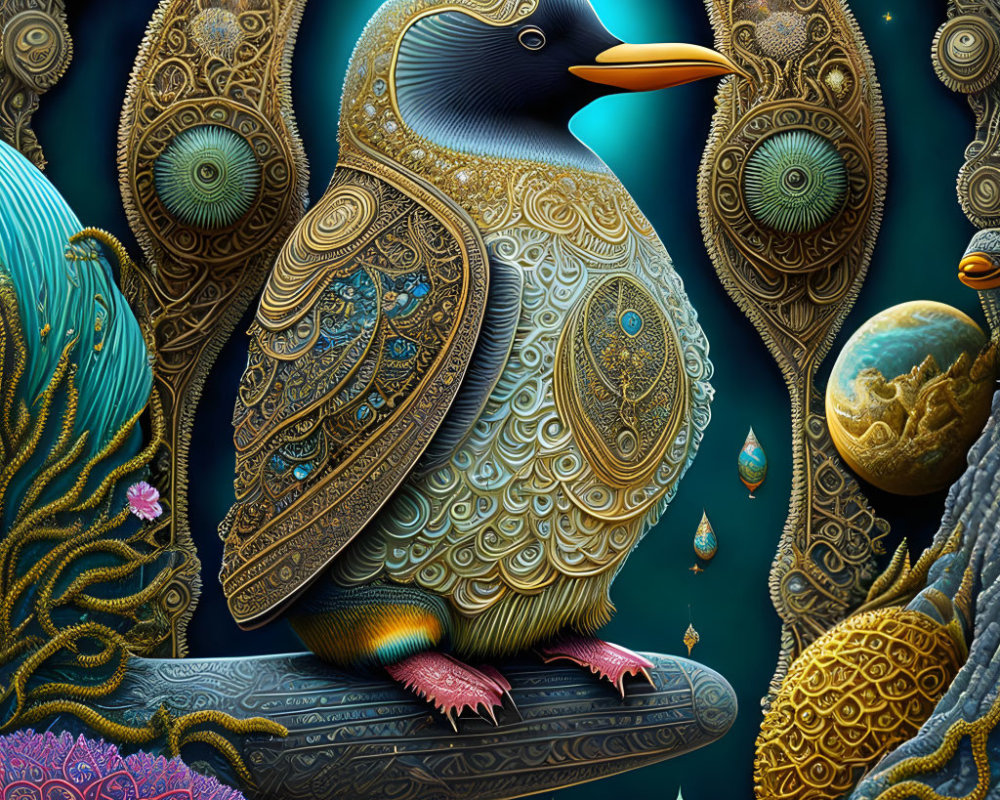 Colorful bird with gold and blue plumage perched on branch in cosmic setting