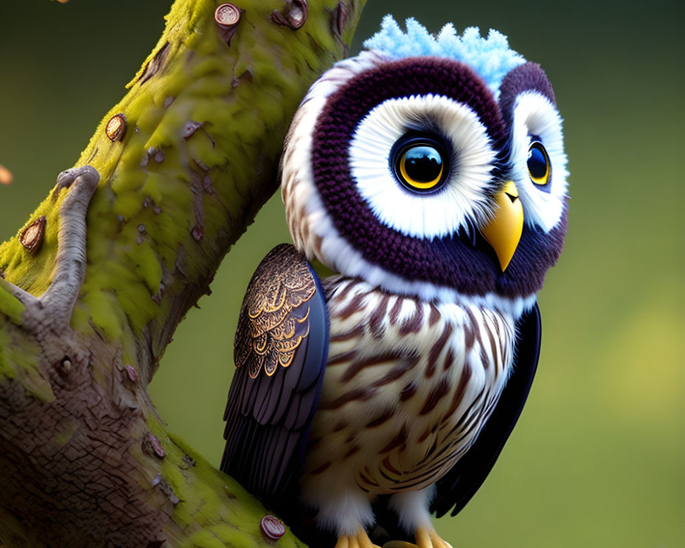 Colorful Stylized Illustration: Cute Owl on Tree Branch