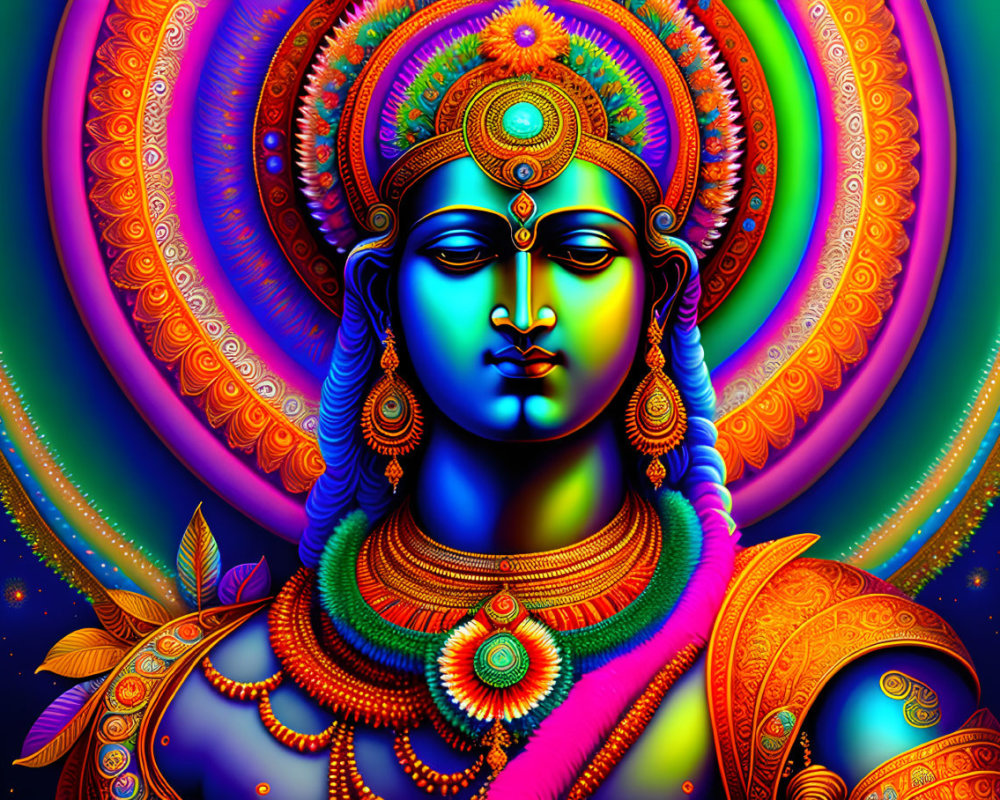 Blue-skinned figure with traditional headgear and intricate jewelry on psychedelic mandala background