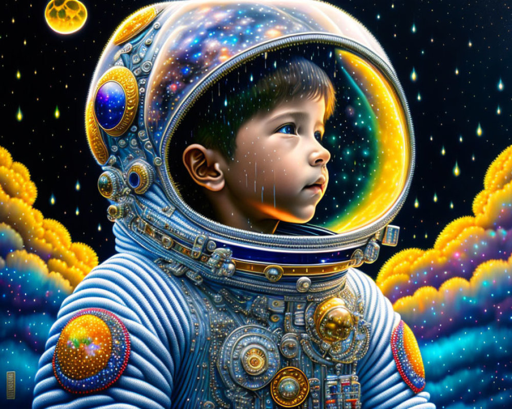 Young child in detailed space suit against cosmic backdrop with colorful nebulae