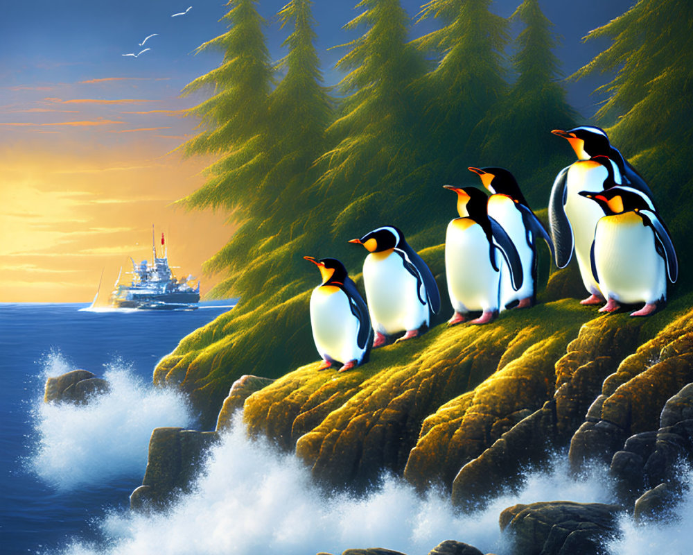 Penguins on rocky shore at sunset with ship, pine trees, and flying seagulls.