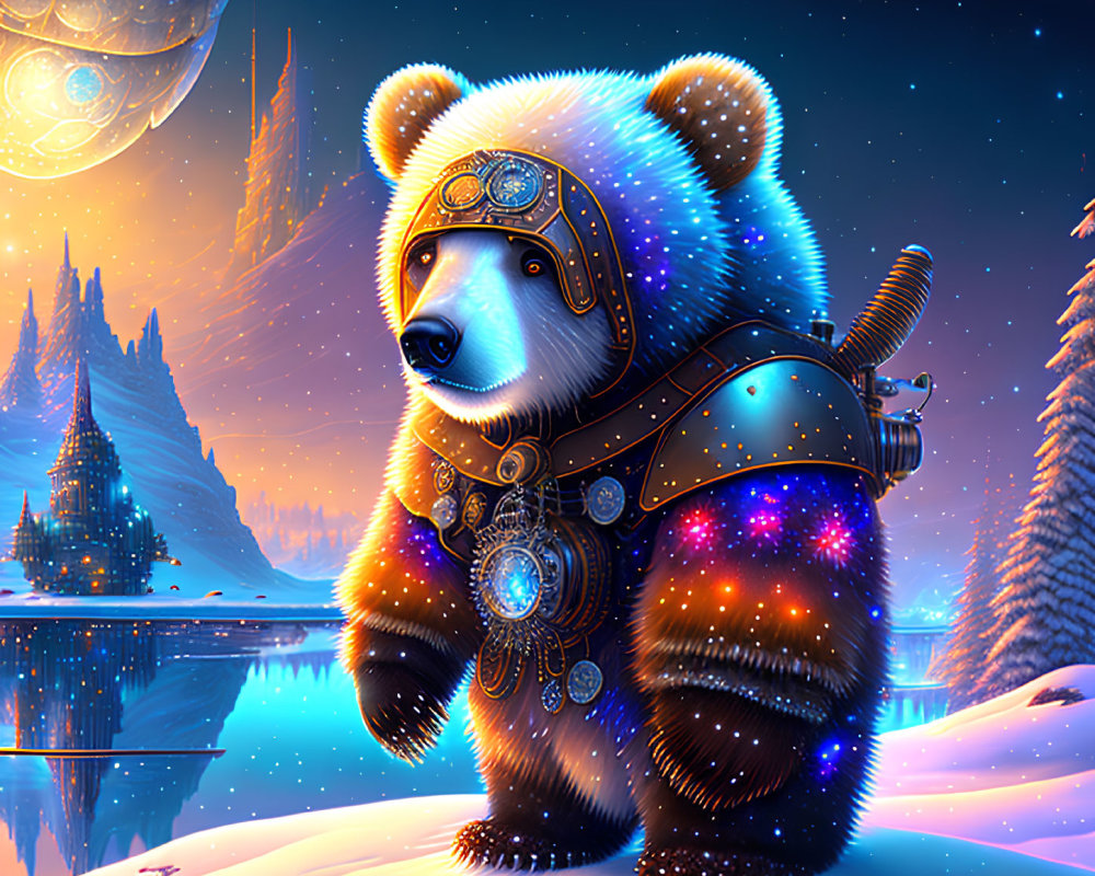 Colorful Armored Panda in Snowy Fantasy Scene