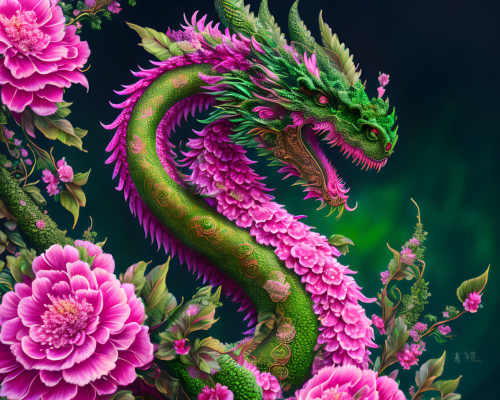 Colorful Dragon and Peonies Illustration on Dark Background