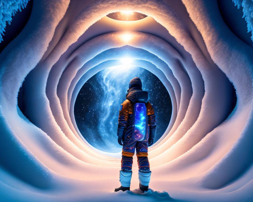 Astronaut at icy tunnel entrance with cosmic energy device