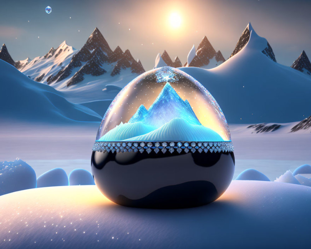 Digital art of glowing mountain in crystal snow globe amidst wintry landscape