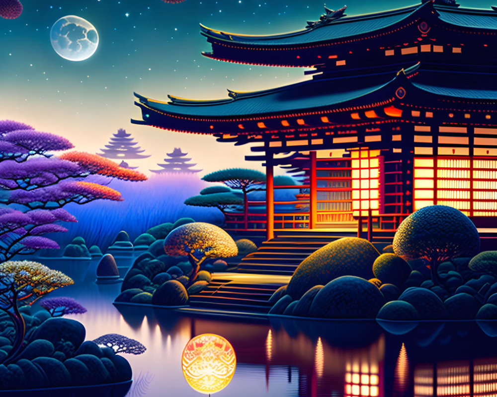 Japanese Temple at Night with Lanterns, Trees, and Full Moon