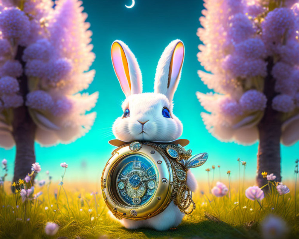 White Rabbit Holding Pocket Watch Among Blooming Trees and Crescent Moon