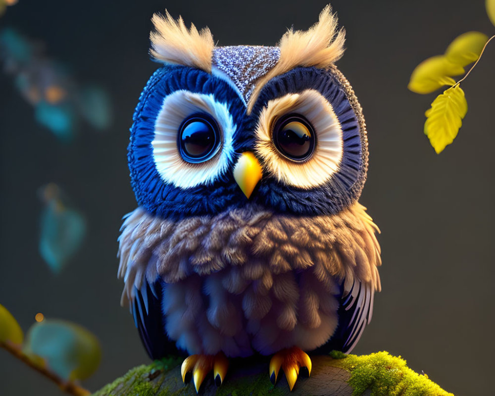 Stylized owl illustration with blue eyes in knit cap on branch