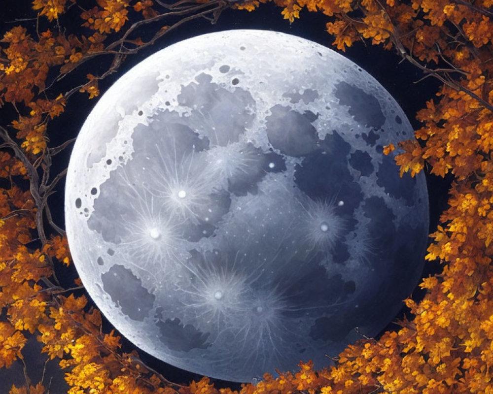 Vibrant autumn leaves frame full moon in dark night sky