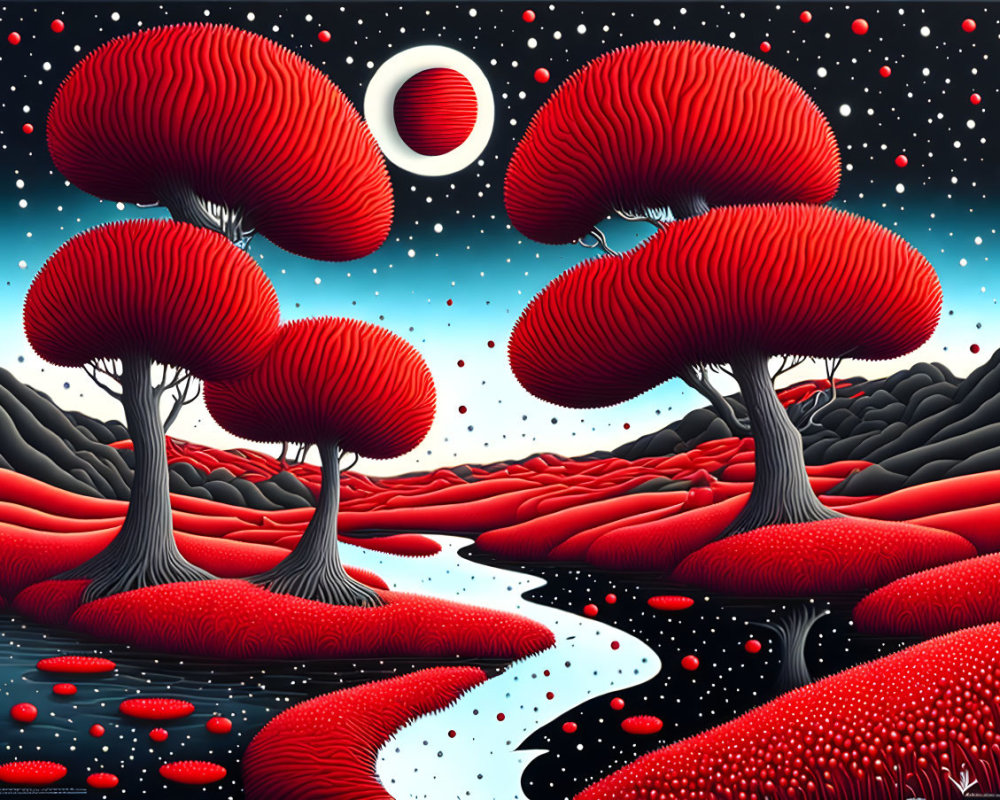 Surreal landscape with red mushroom trees, winding stream, white moon