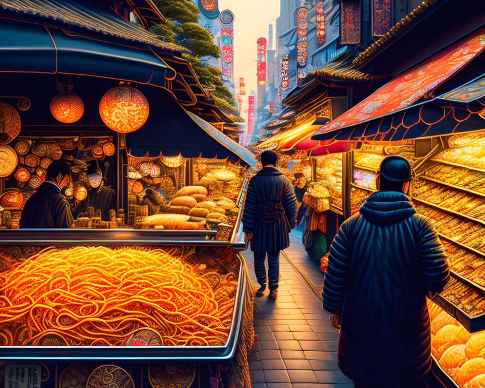 Colorful Asian market street scene with food stalls, lanterns, neon signs, and bustling activity.